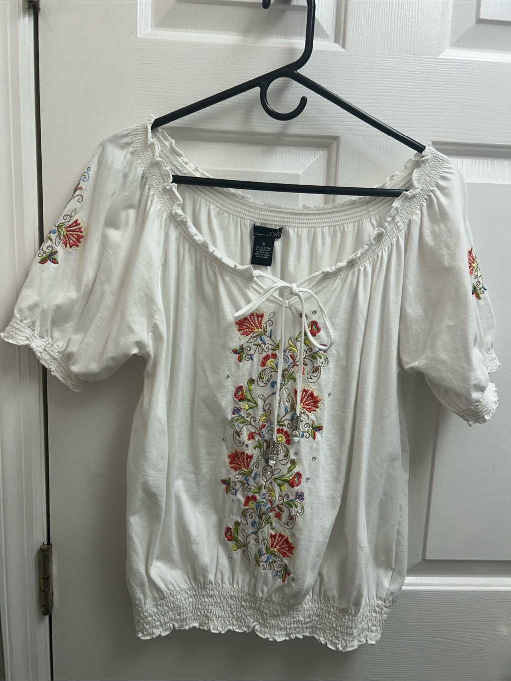 Rxb White Peasant Blouse With Multicolor Floral Embroidery